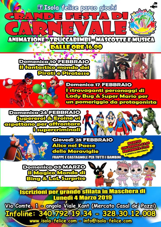 locandina eventi carnevale roma isola felice parco giochi